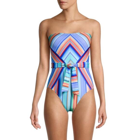 La Blanca Sunset Multicolor Bandeau Belted Tie Waist Stripe One Piece Swimsuit 4 - Picture 2 of 12